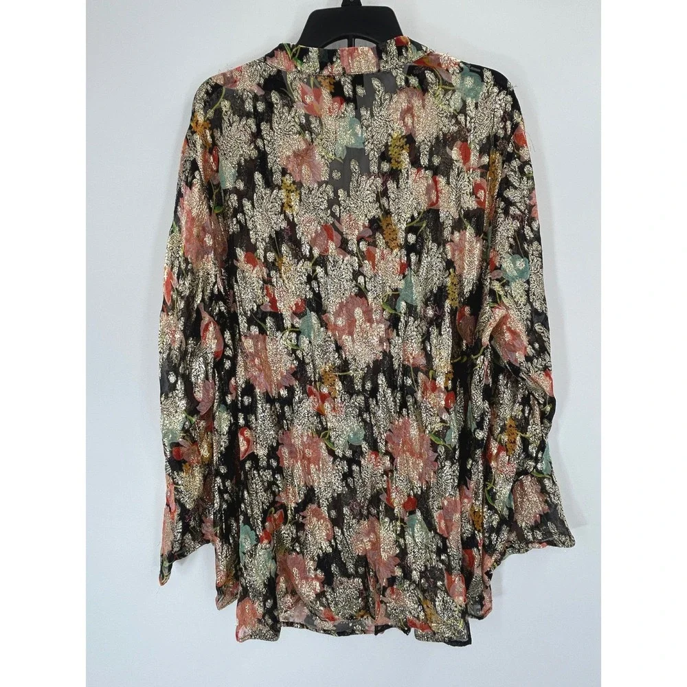 June + Vie Metallic Floral Blouse 2X Boho Peasant Top Shimmering Artsy Luxe - Picture 3 of 9